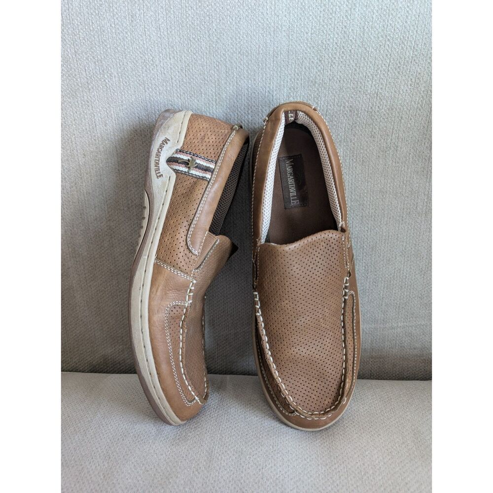 Margaritaville Men's 12 Tan Leather Slip On Boat Shoes Loafers Perforated